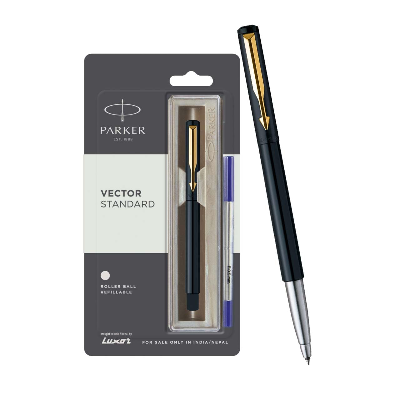 Parker Vector Standard Gold Trim Roller Ball Pen | Ink Color - Blue | Black Body Color | Ergonomic Design | Built for Long Writing Sessions