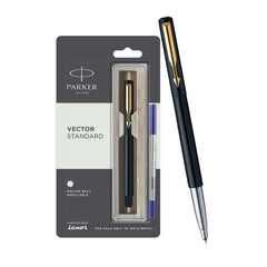 Parker Vector Standard Gold Trim Roller Ball Pen | Ink Color - Blue | Black Body Color | Ergonomic Design | Built for Long Writing Sessions