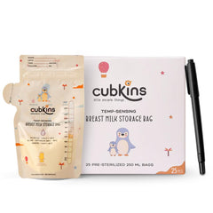 CUBKINS Breast Milk Storage Bags (Pack of 25) | Pre-Sterilized | Smart Temp Sensor | BPA Free | Single Use | Leak Proof Double Zip | Separate Fill & Pour Spouts | 250 ml Capacity | Marker Included