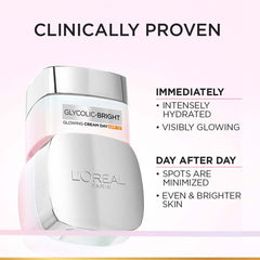 L'Oreal Paris Glycolic Bright Glowing Day Cream, Overnight Brightening Cream, Glycolic Acid in Gel-Like Cream Texture, that Visbily Minimizes Spots & Reveals Glowing skin, 50ml