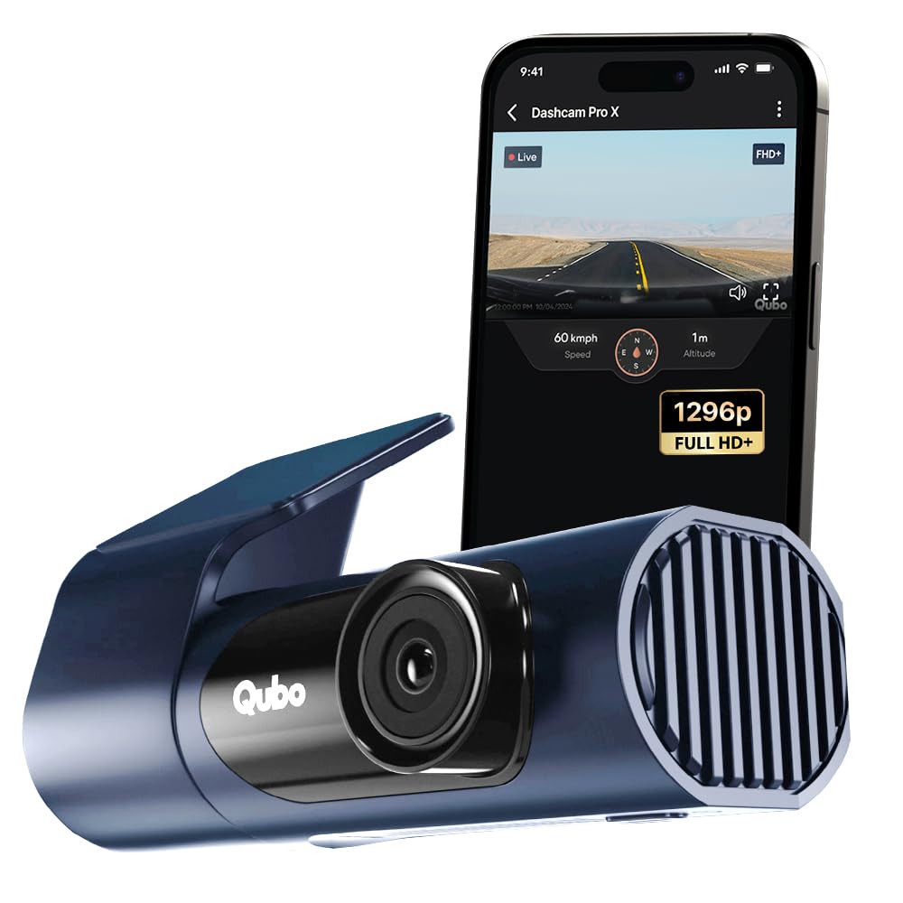 Qubo Car Dashcam Pro X by Hero Group | 3MP 1296P FHD+ Camera | NightPulse Vision | Wide-Angle FOV | Supercapacitor | Built-in Wi-Fi, Mic | App Control | G-Sensor | Up to 1TB Storage | (Midnight Blue)