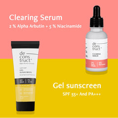 Deconstruct Skin Clear & Protect Duo: Clearing Face Serum & SPF 50+ Gel Sunscreen | Skin Clearing Serum and Gel Sunscreen with No White Cast & Lightweight |Niacinamide Serum For Oily Skin| Pack of 2