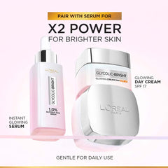 L'Oreal Paris Glycolic Bright Glowing Day Cream, Overnight Brightening Cream, Glycolic Acid in Gel-Like Cream Texture, that Visbily Minimizes Spots & Reveals Glowing skin, 50ml