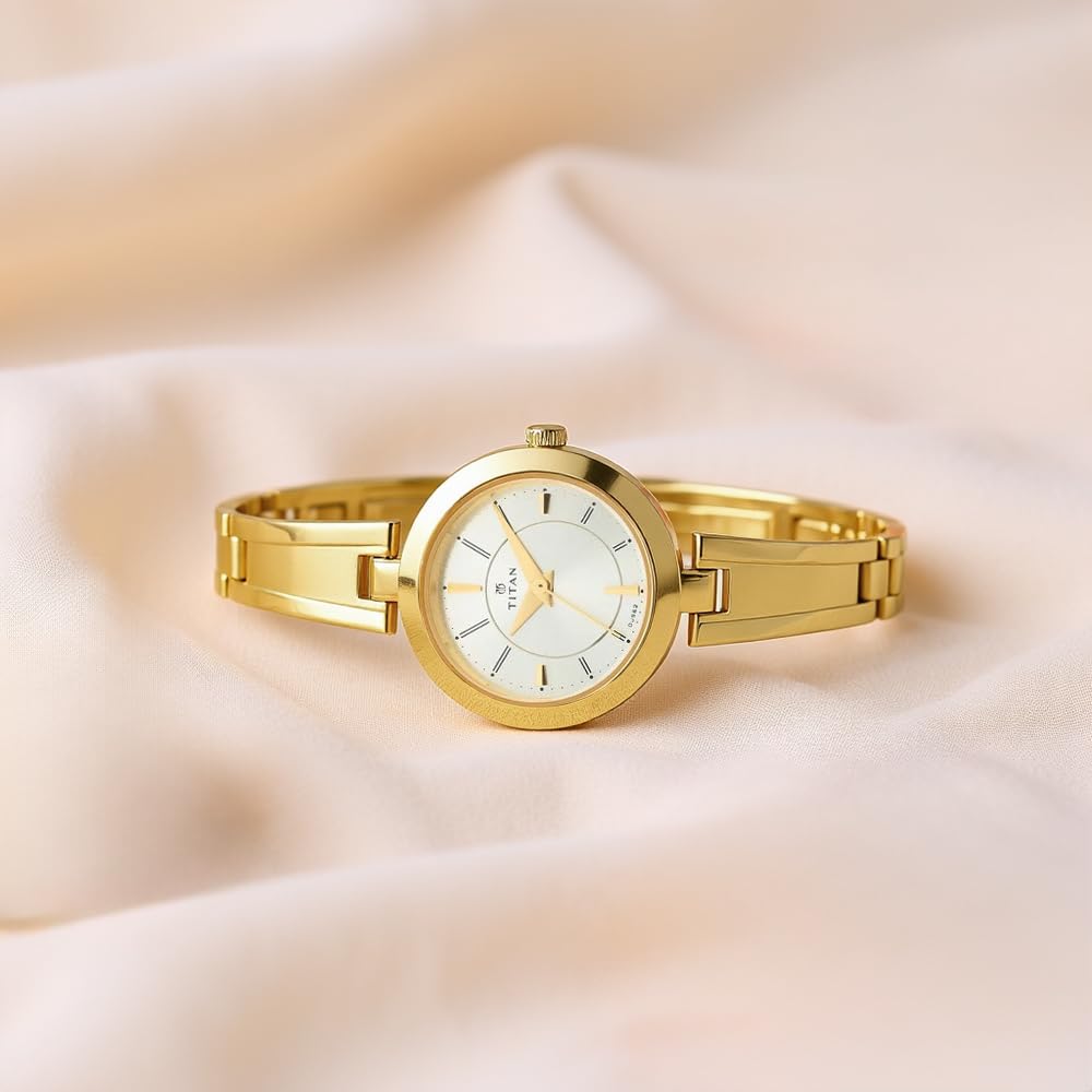 Titan Quartz Analog White Dial Gold Metal Strap Watch For Women - NN2598YM02