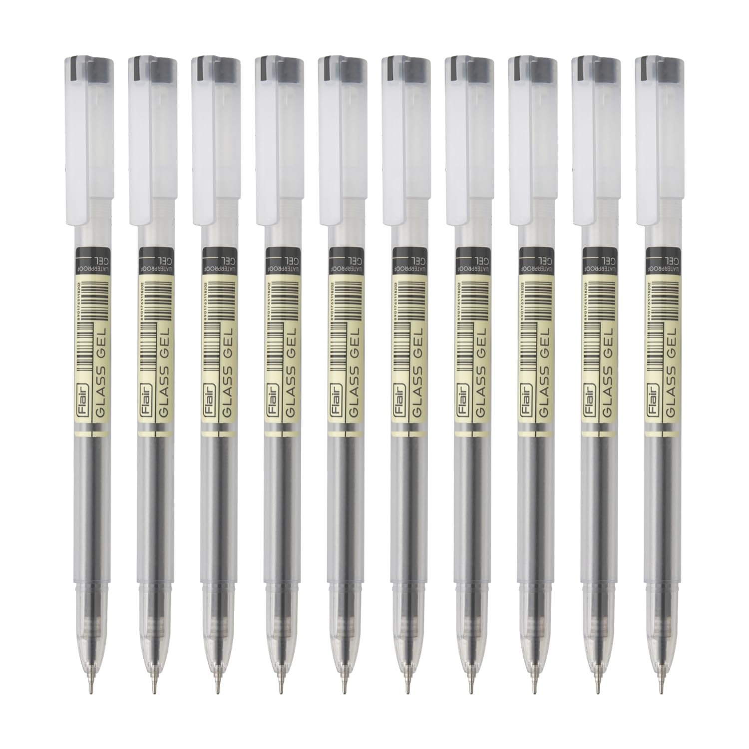 FLAIR Glass 0.6mm Gel Pen | Water Proof Ink for Smooth Flow System | Low-Viscosity for Smudge Free Writing | Quick Dry | Transparent Body With Fine Tip | Black Ink, Pack of 20
