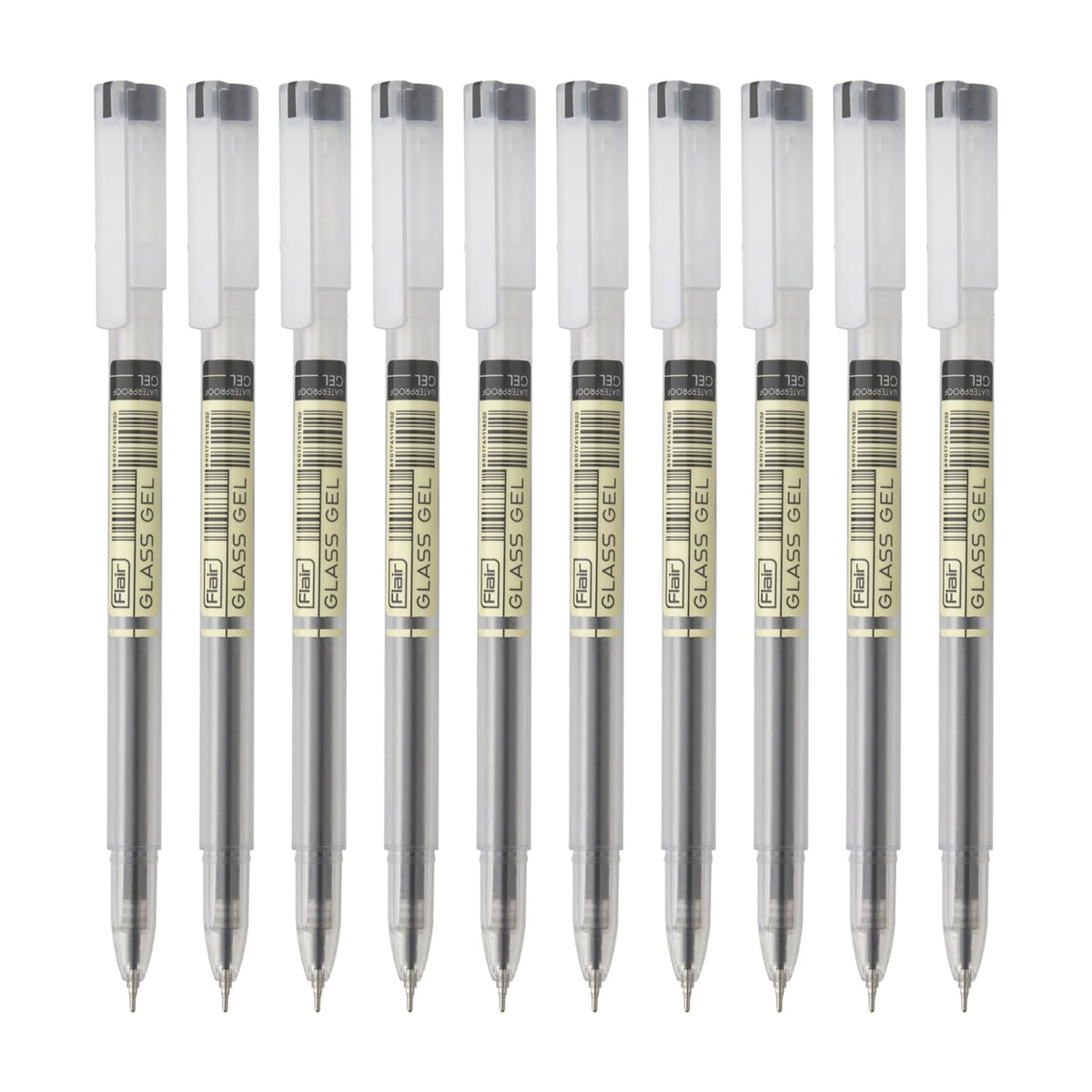 FLAIR Glass 0.6mm Gel Pen | Water Proof Ink for Smooth Flow System | Low-Viscosity for Smudge Free Writing | Quick Dry | Transparent Body With Fine Tip | Black Ink, Pack of 20