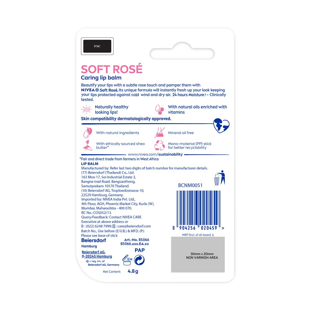 NIVEA Soft Rose Shine 4.8g Lip Balm | 24H Melt in Moisture Formula | Natural Oils | Glossy Finish,4.8 g (Pack of 1)
