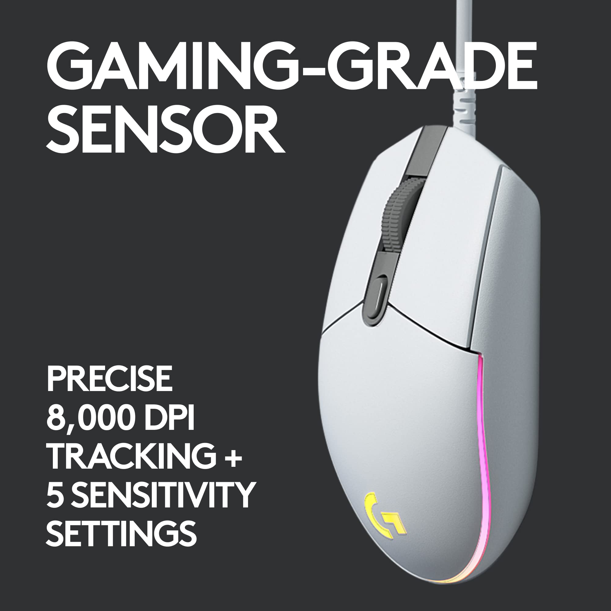 Logitech G 102 Light Sync Wired Gaming Mouse with Customizable RGB Lighting, 6 Programmable Buttons, Gaming Grade Sensor, 8K DPI Tracking,16.8mn Color, Light Weight - White