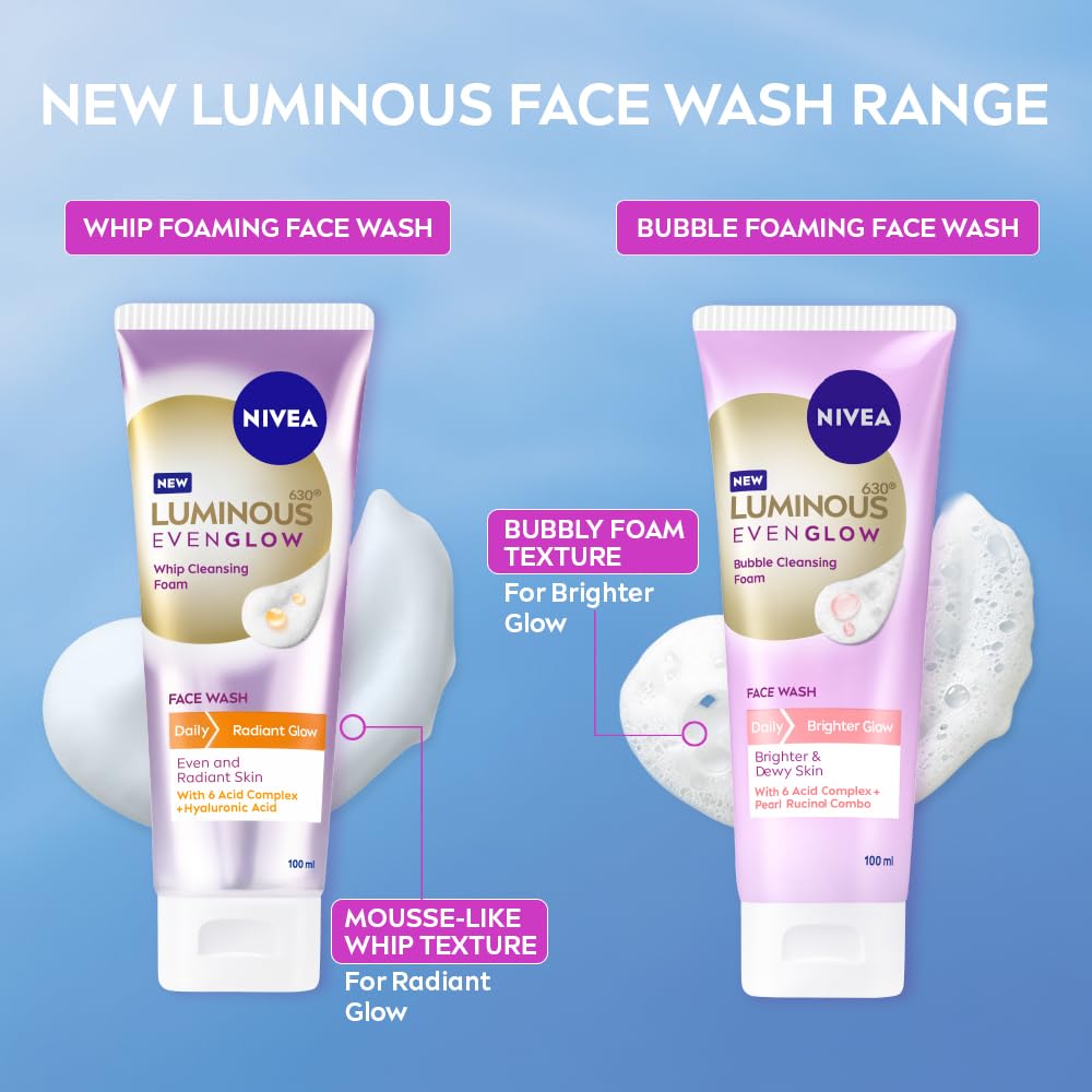 NIVEA Luminous Pearl Rucinol - Bubble Foaming Face Wash for Brighter Glow, 100 ml | Cleanses, Brightens, Unclogs Pores & Hydrates | Removes Make Up | For oily, dry & sensitive skin | Men & women