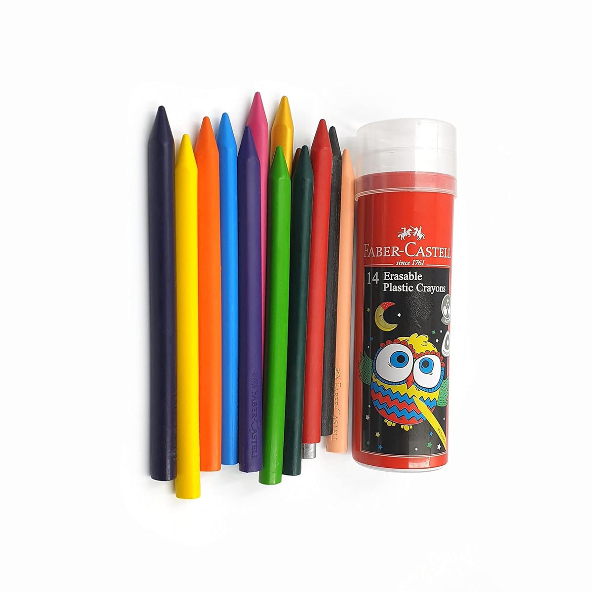 Faber-Castell Erasable Plastic Crayons Tin – Pack of 12 + 2 Metallic Shades | Smooth, Break-Resistant Colour Crayons | Non-Toxic & Child-Safe Crayons for Kids