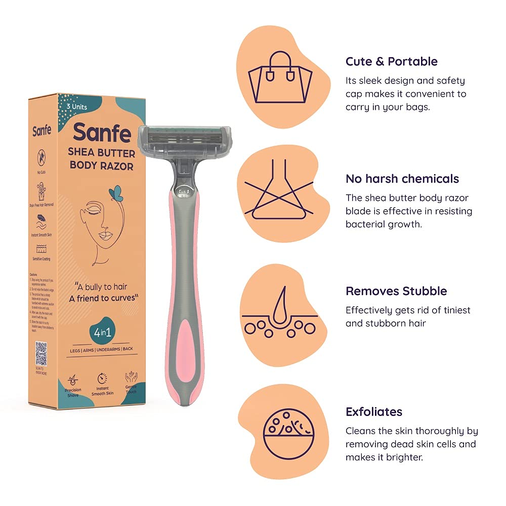 Sanfe Shea Butter Body Razor for Women's Hair Removal-Pack of 3 with New No Cut & Bumps Tech | Safe Titanium Blades | Comfort Grip | Safe For Bikini Area | Instant Pain-Free Hair Removal