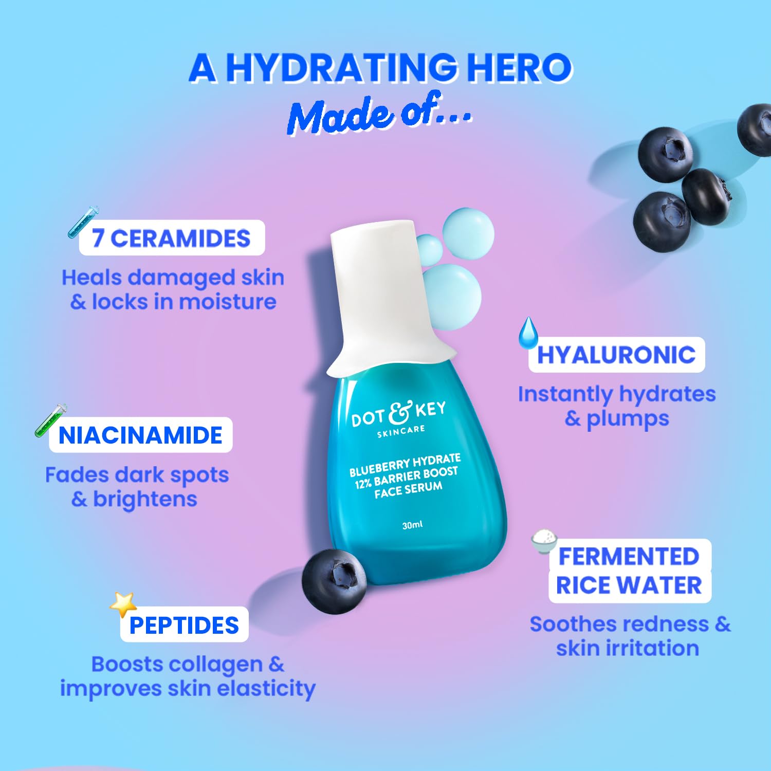 Dot & Key Blueberry Hydrate 12% Barrier Boost Serum with 7 Ceramides | Niacinamide & Hyaluronic Acid, Reduces Dark Spots, Brightens Skin, Provides Intense Hydration & Repairs Skin Barrier | 30ml