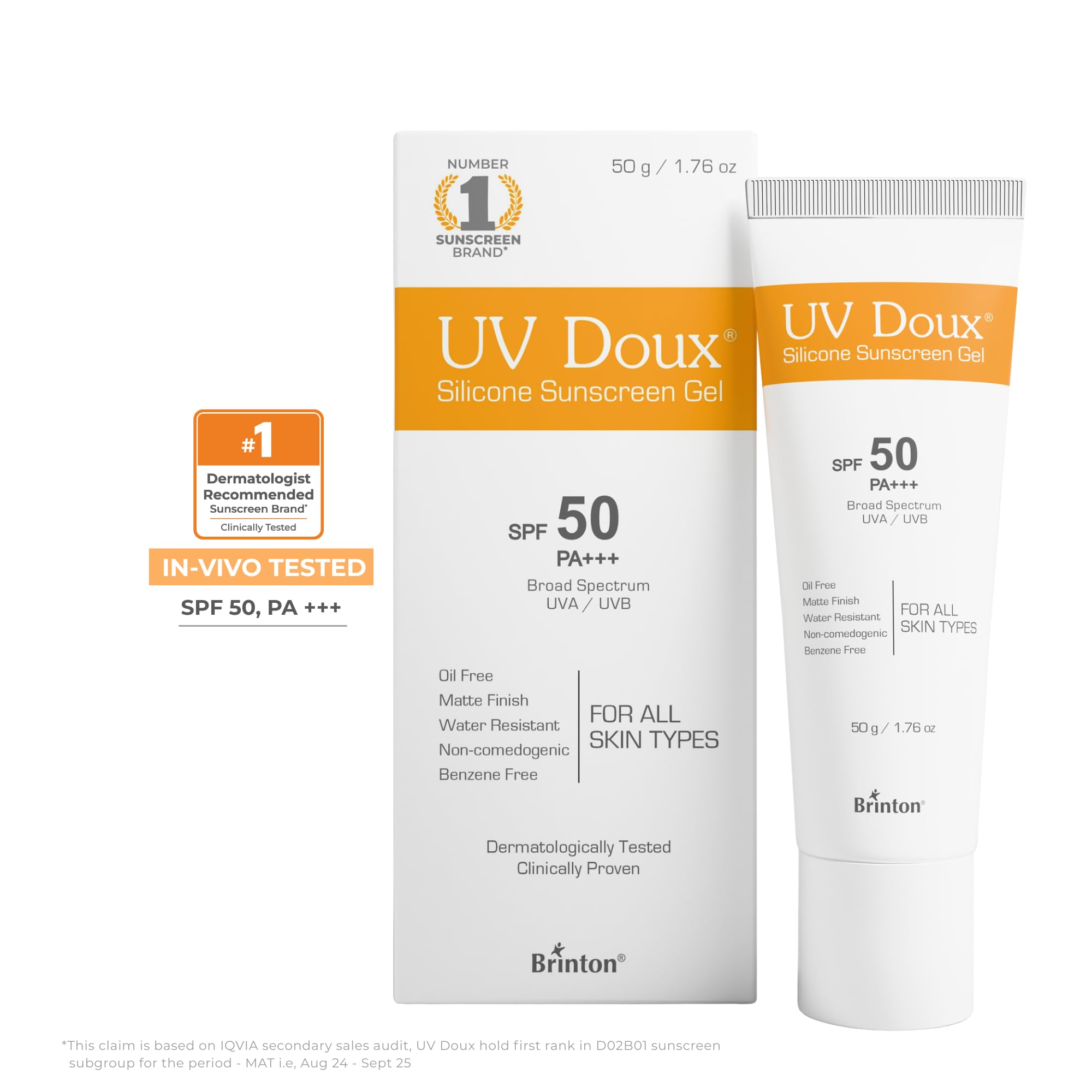 UV Doux Silicone Sunscreen Gel SPF 50 PA+++|India’s No.1 Dermatologist Recommended Brand|Invitro,In-Vivo Tested|UVA/UVB Protection, Benzene Free|No White Cast |Oily & Acne-Prone Skin |50 g