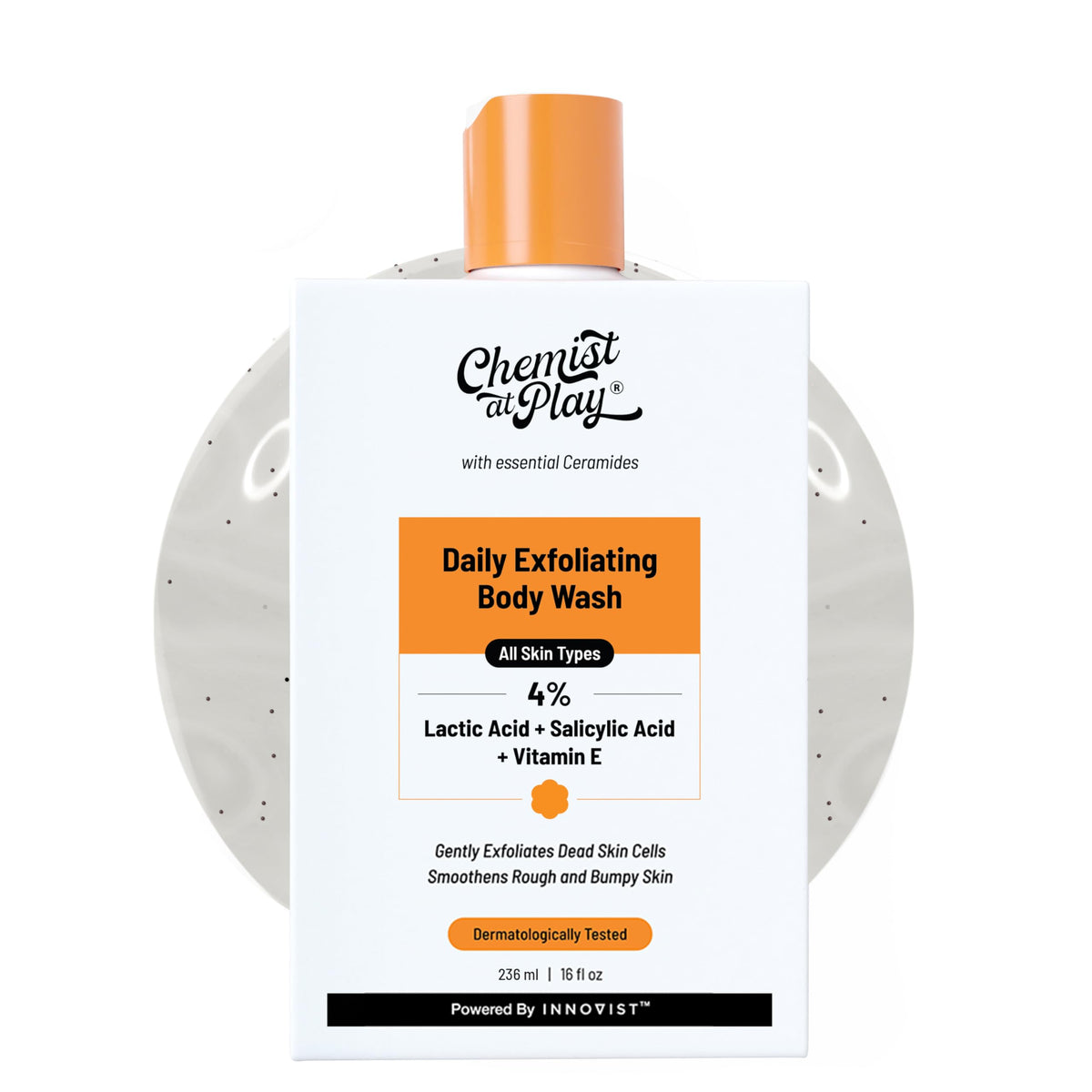 Chemist At Play Exfoliating Body Wash 236ml | 4% (Salicylic Acid, Vitamin E and Lactic Acid) | Paraben & SLS Free | Gentle Exfoliating Shower Gel | Removes Tan & Body Acne