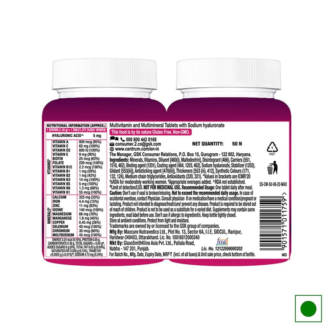 Centrum Women, World'S No.1 Multivitamin With Biotin, Vitamin C & 21 Vital Nutrients For Overall Health, Radiance, Strong Bones & Immunity (Veg) Pack Of 50 Tablets, 73 Grams, 50 Servings