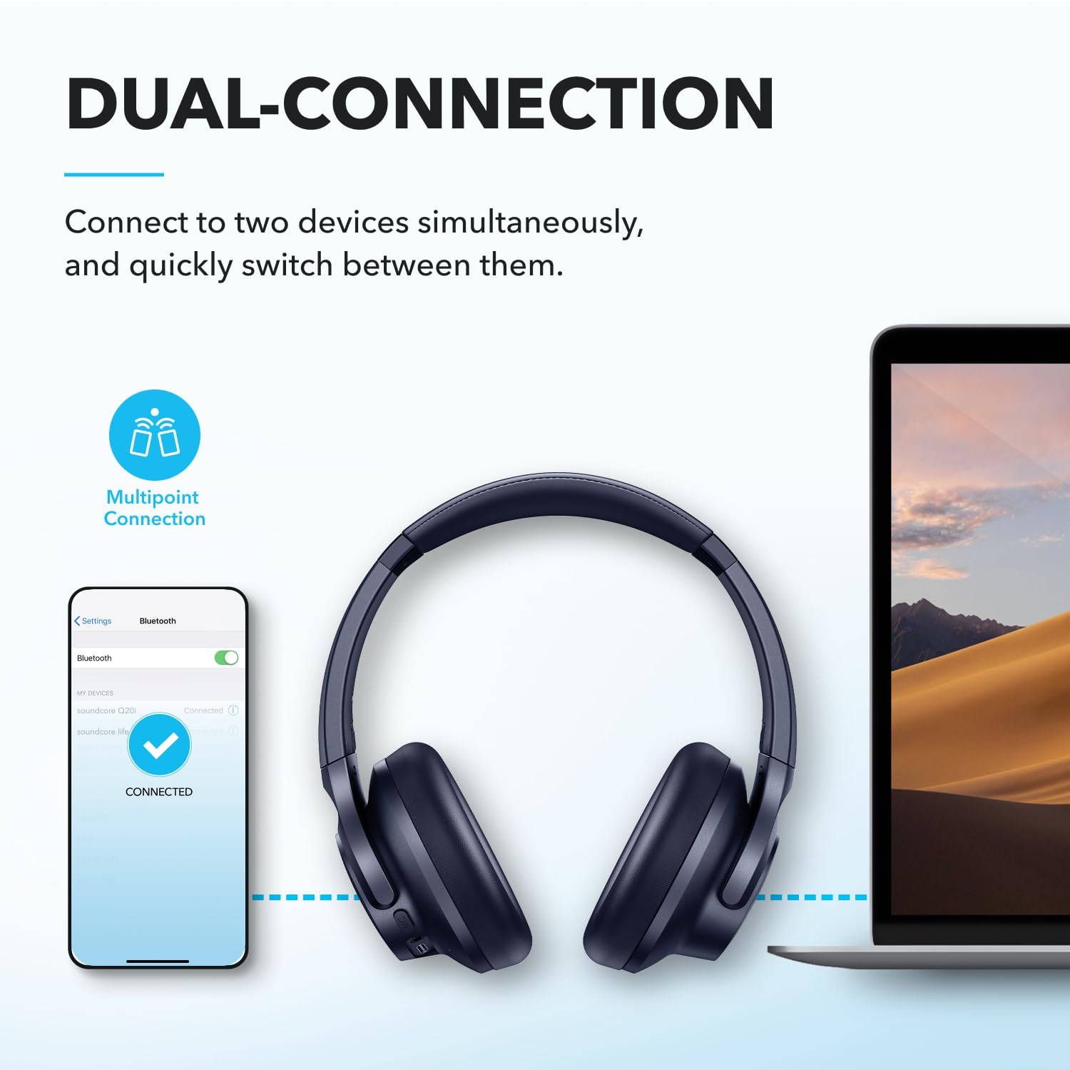 soundcore by Anker Q20i Wireless Bluetooth Over-Ear Headphones with Hybrid Active Noise Cancelling, 40h Playtime in ANC Mode, Hi-Res Audio, Deep Bass, App Personalization (Blue)