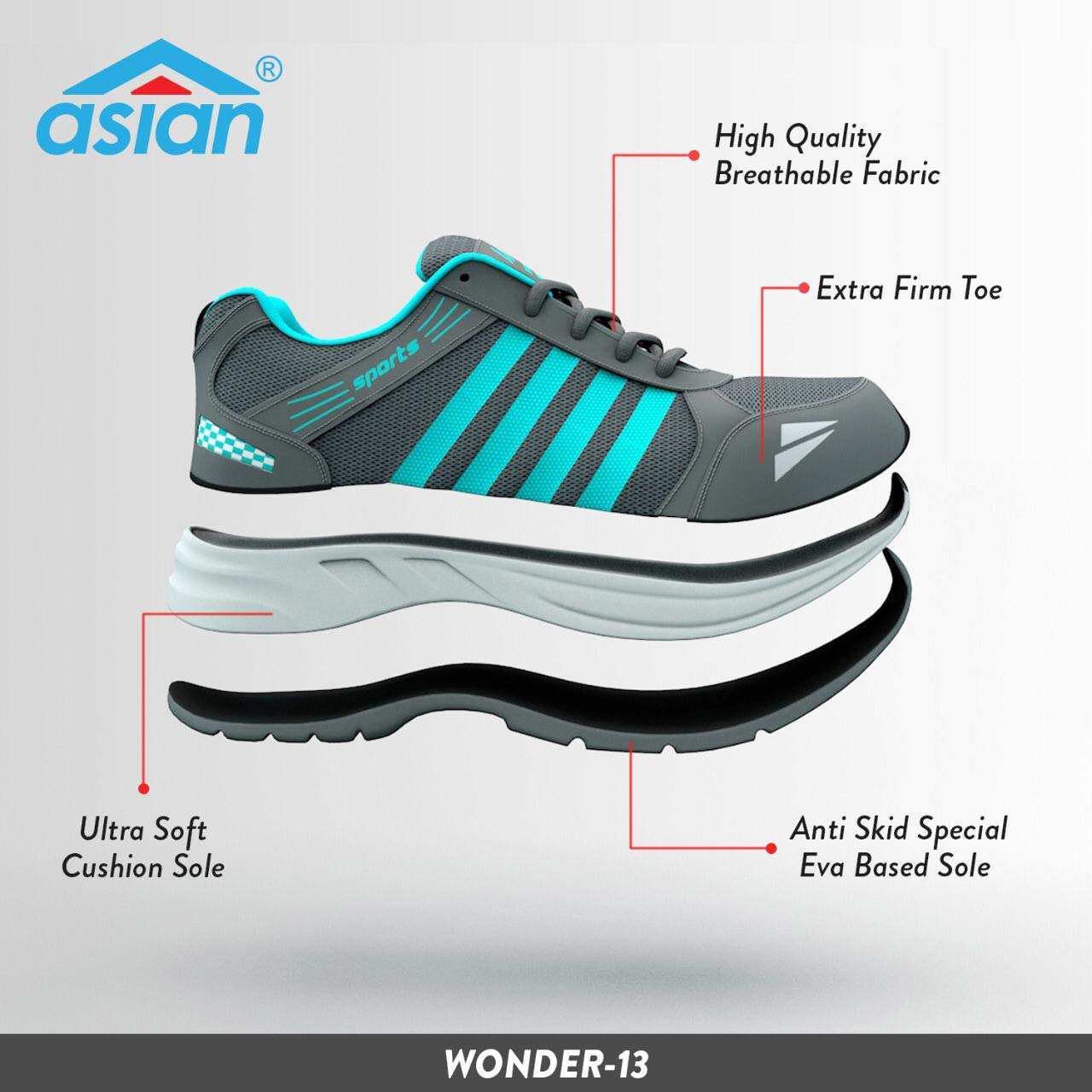 ASIAN Men's Wonder-13 Firozi Mesh Sports Running Shoes (Green) 12 UK - Shoes from ASIAN - Shop in Sri Lanka at Arcade.lk