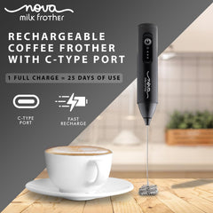 Nova Milk Frother Rechargable Coffee Frother Milk & Beater for Cold Latte 2In1 Handheld Battery-Powered Blender and Egg Whisker | Free Frothy Recipe E-Book (Whisker), Black