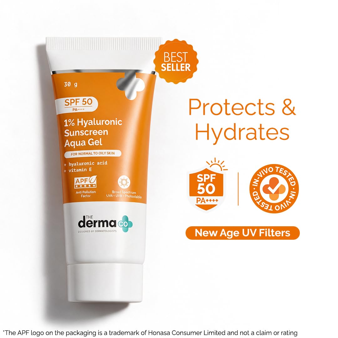 The Derma Co 1% Hyaluronic Sunscreen Aqua Gel SPF 50 PA++++ | Hydrating, Lightweight & Non-Greasy | No White Cast | Broad Spectrum & Blue Light Protection | PPD-39 | 30 g