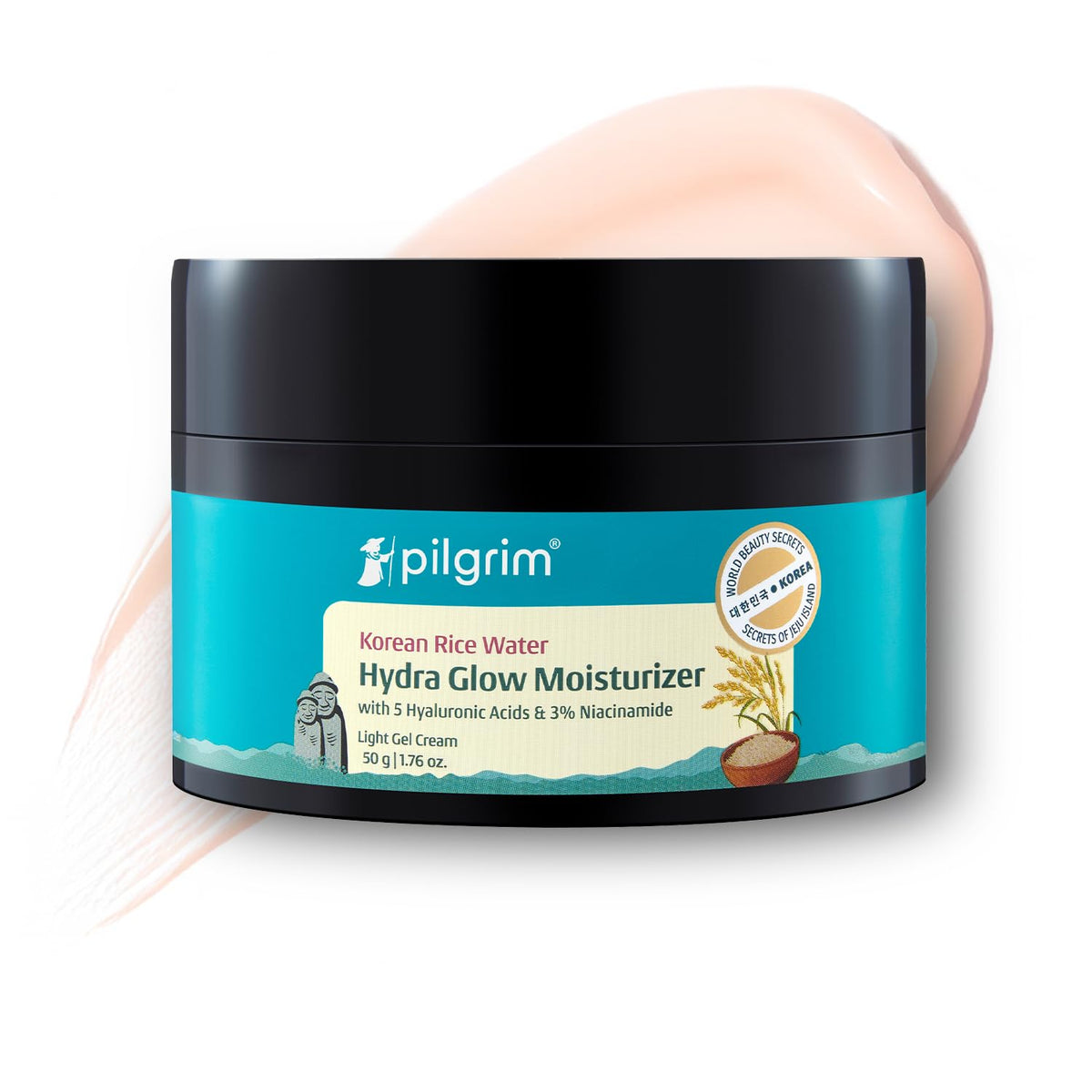 Pilgrim Korean Rice Water Hydra Glow Moisturizer 50Gm with 5 Hyaluronic Acids, 3% Niacinamide, 5 Ceramides | 5x Hydration & Instant Glass Skin | Oil-Free, Lightweight Gel | All SkinTypes | Women,Men