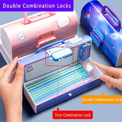 SAJANI Multi-Functional Pencil Box with Double Password Lock, Stationary Organizer Case, Suitcase Style Pencil Case for Boys & Girls (Pack of 1) (Dinosaur-Purple)