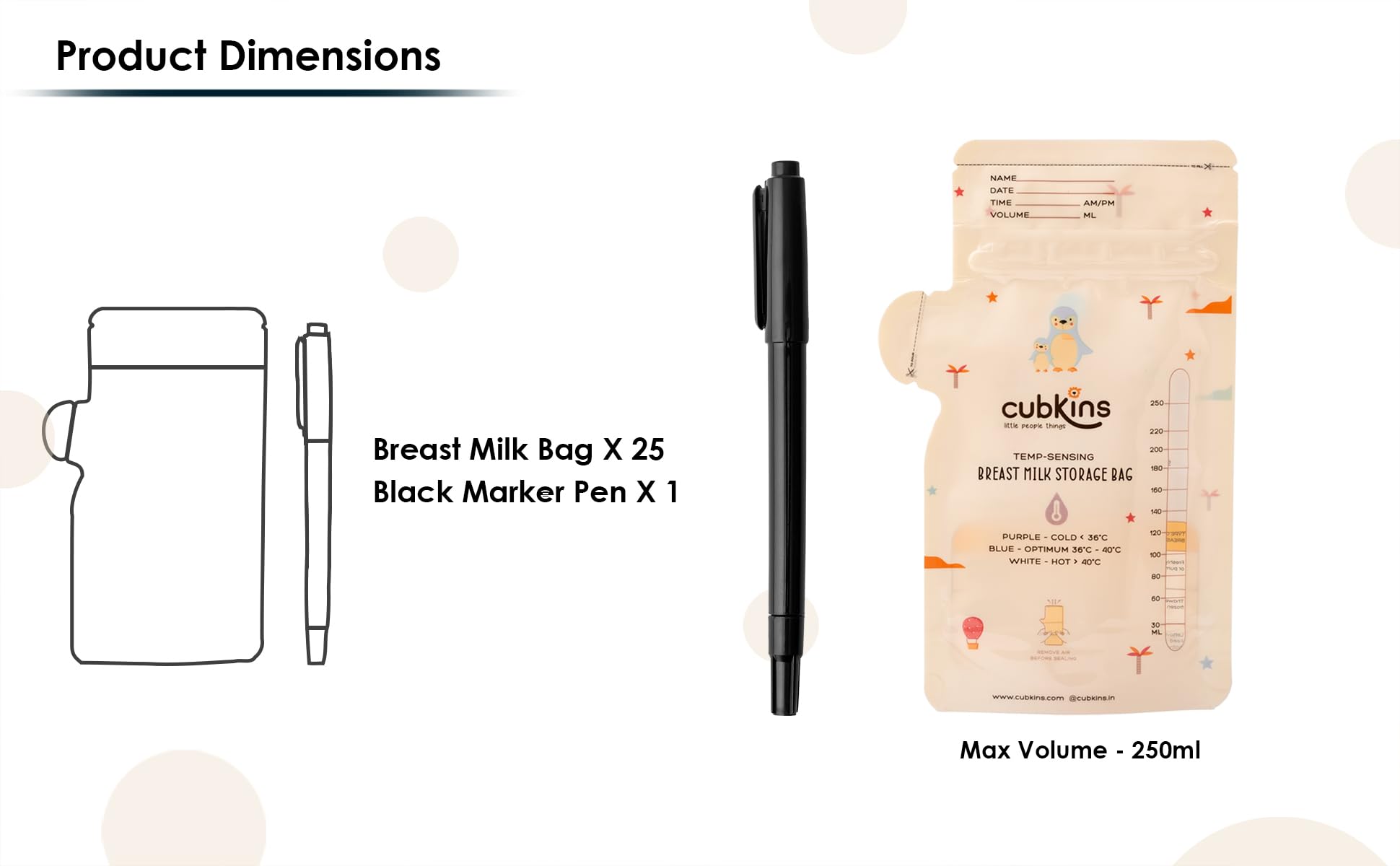 CUBKINS Breast Milk Storage Bags (Pack of 25) | Pre-Sterilized | Smart Temp Sensor | BPA Free | Single Use | Leak Proof Double Zip | Separate Fill & Pour Spouts | 250 ml Capacity | Marker Included