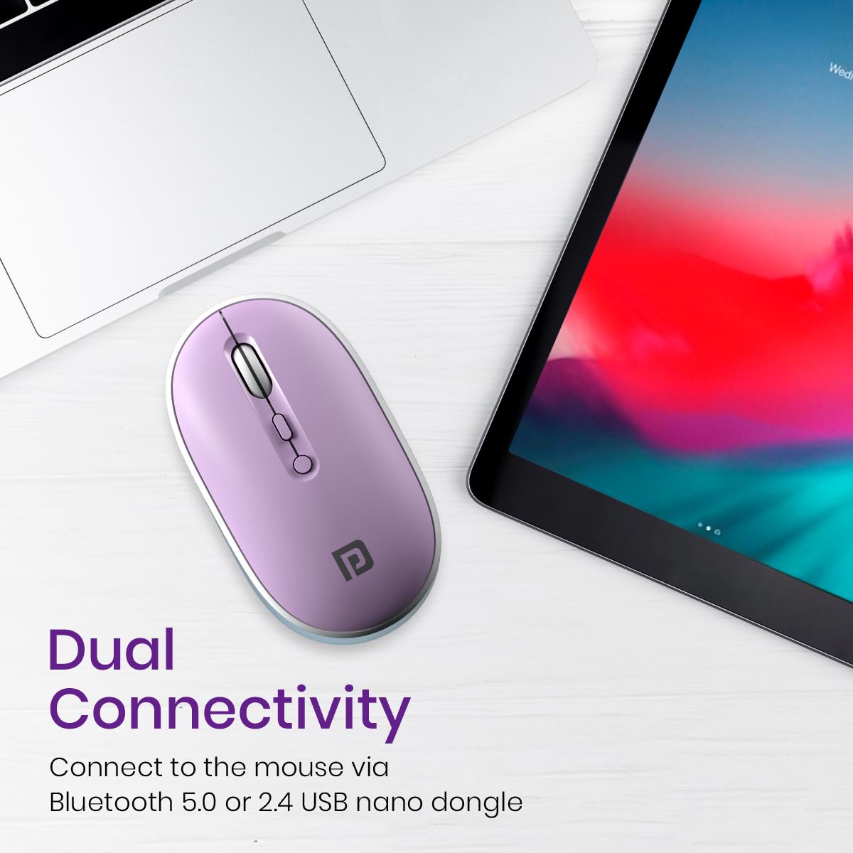 Portronics Toad II Bluetooth Mouse, with Bluetooth 5.0 & 2.4 Ghz Dual Wireless Connectivity, Rechargeable Battery, Adjustable DPI up to 1600 Compatible with Laptop, MacBook, PC (Purple)