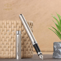 Parker Folio Stainless Steel Chrome Trim Fountain Pen With 1 Ink Cartridge Free | Corporate Gift | Ideal For Professional Use