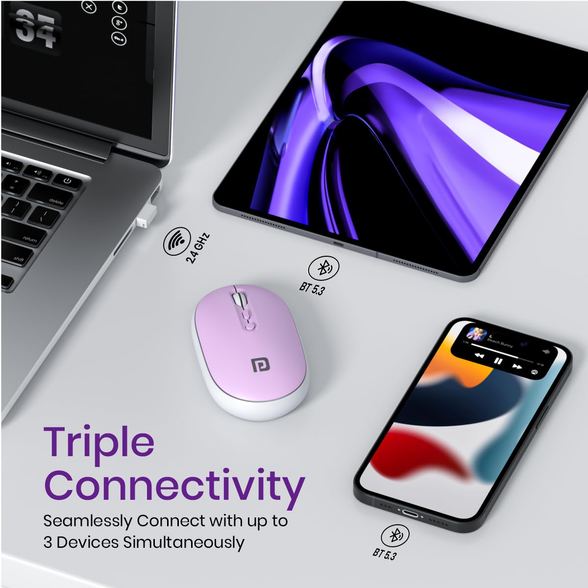 Portronics Toad II Bluetooth Mouse, with Bluetooth 5.0 & 2.4 Ghz Dual Wireless Connectivity, Rechargeable Battery, Adjustable DPI up to 1600 Compatible with Laptop, MacBook, PC (Purple)