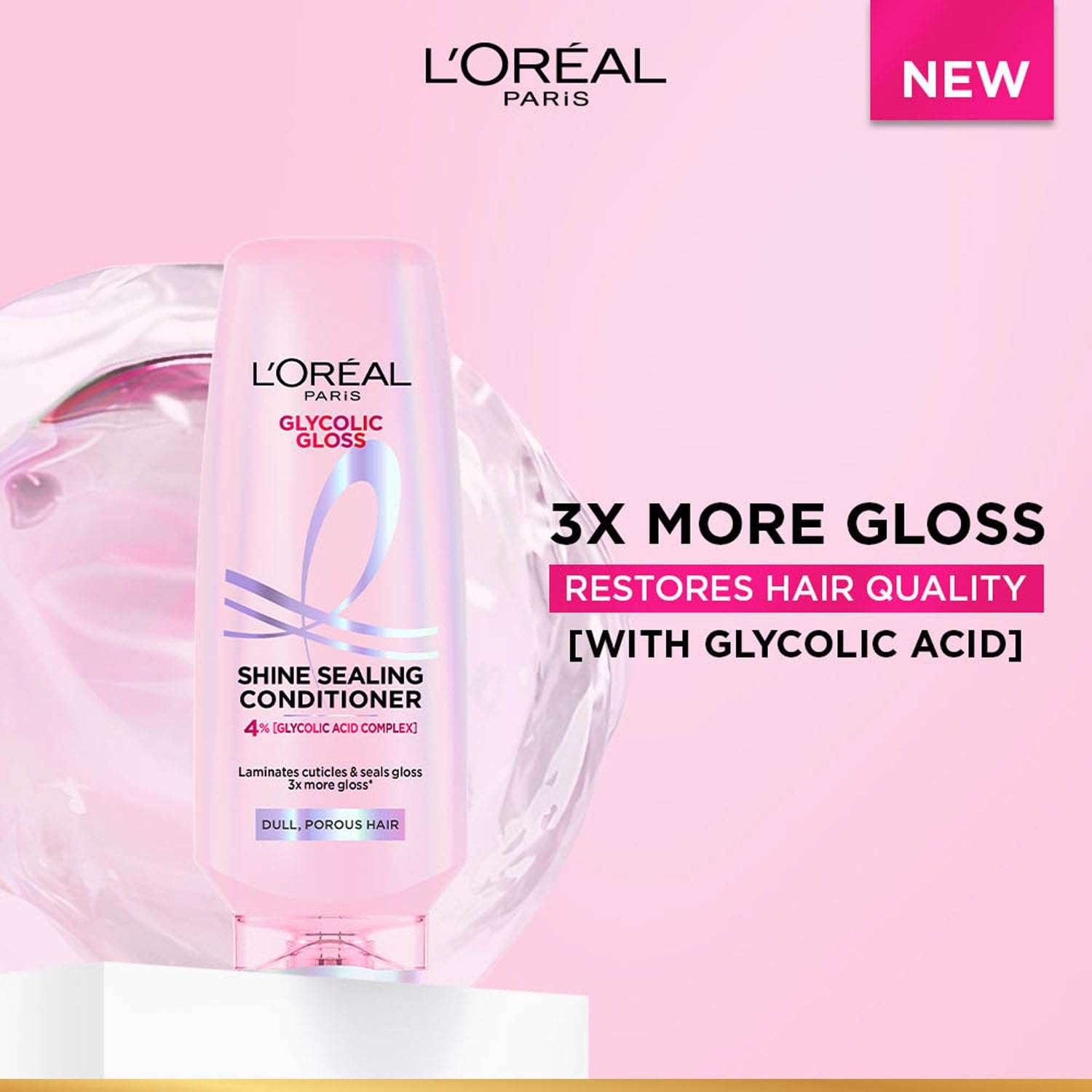 L'Oreal Paris Floral Glycolic Gloss Shine Sealing Conditioner, Powered By 4% Glycolic Acid, For Dull Hair, Smoothens Hair Fiber For 3X More Gloss, 175Millilitre