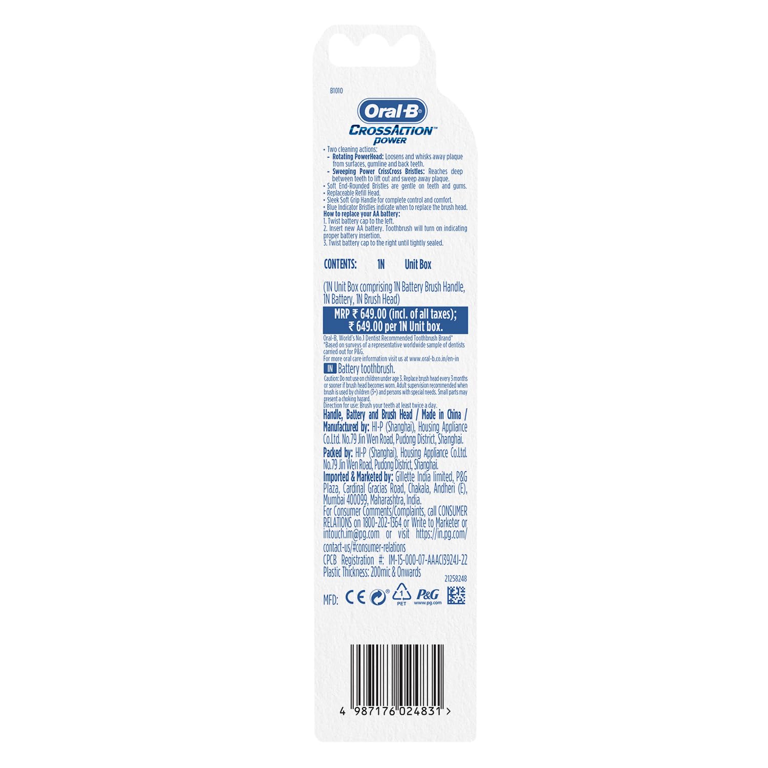 Oral B Cross Action AA Battery Electric Toothbrush for Adults, 90 Day Battery, IPX7 Water Resistant, Soft Crisscross Bristles (Blue, 1)