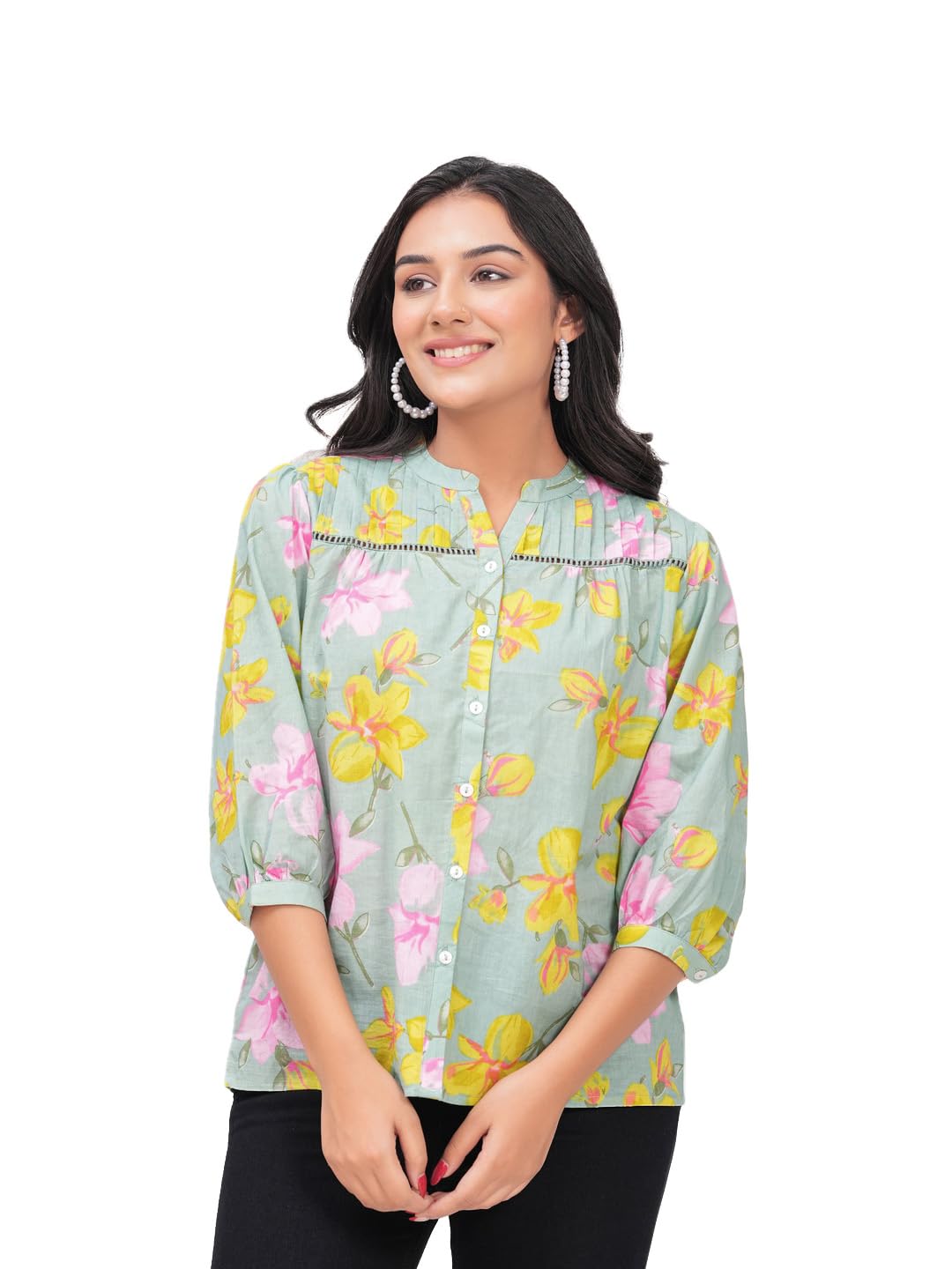Rimika's Pure Cotton Sage Green Floral top Regular Fit with 3/4th Sleeves, Mandarin Collar, Front Button, Perfect for Casual, Formal, and Ethnic Wear