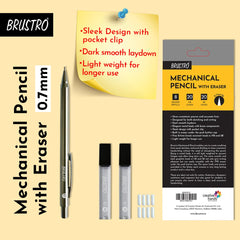 BRUSTRO Mechanical Pencil Set | HB-20 Leads, 2B-20 Leads, Spare Eraser 8 Units | Tip size 0.7 mm | Ideal for Students,Adults, Home, School, Office, Stationery Use