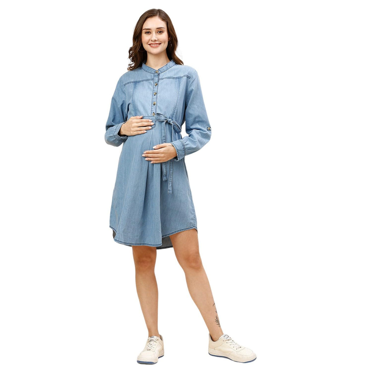 MomToBe Women's Fit and Flare Above the Knee Denim Maternity Dress/Pregnancy Dress/Easy Breastfeeding Dress/Feeding Dress/Western Dress with Zippers for Nursing Pre and Post Pregnancy