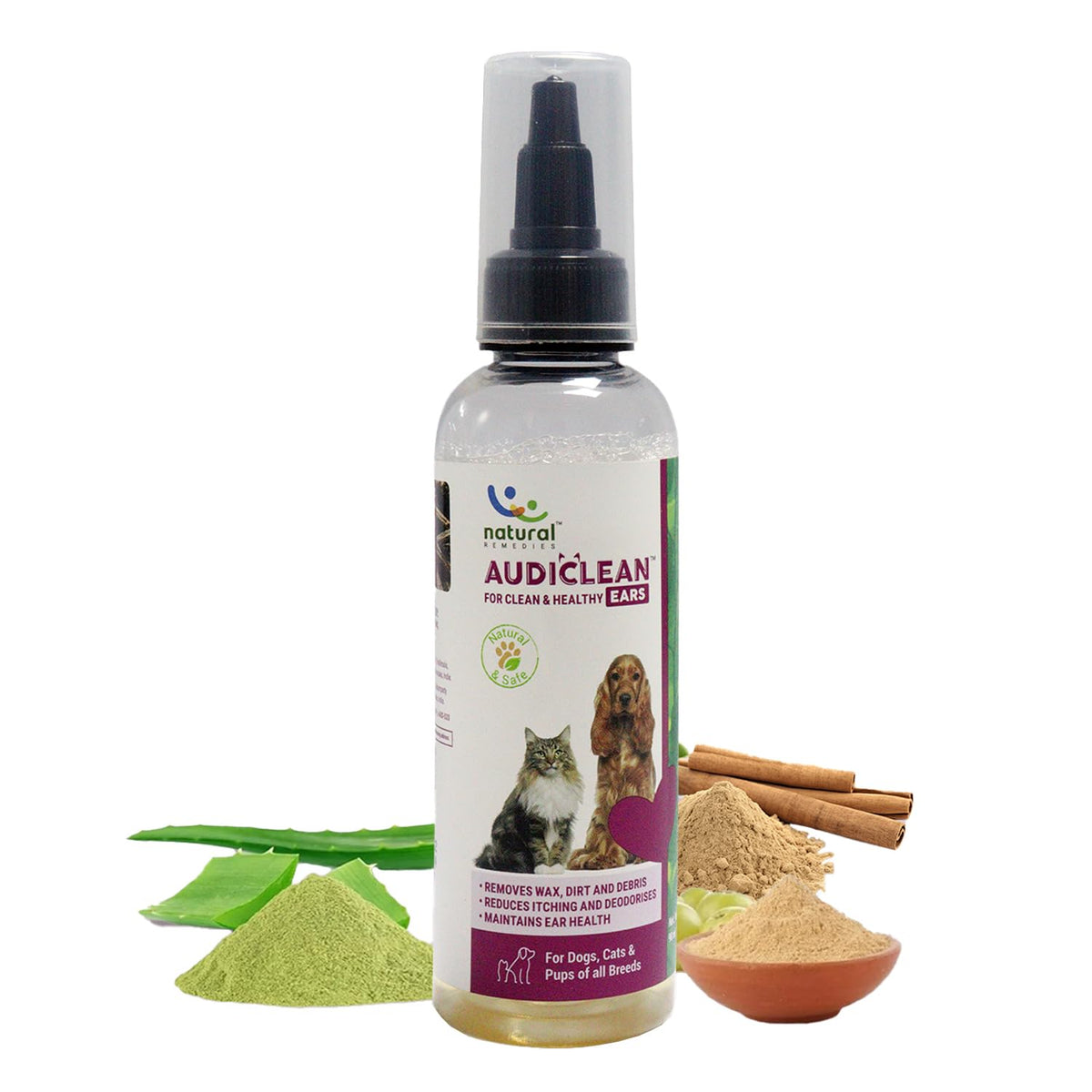Natural Remedies Audiclean Ear Cleaner for Dogs, Cats & Pups, Removes Ear Wax, Dirt, Debris, Reduces Itching and Deodorises, Gentle Ear Care, Pet Grooming, Safe for All Breeds, Sensitive Skin, 90 ml