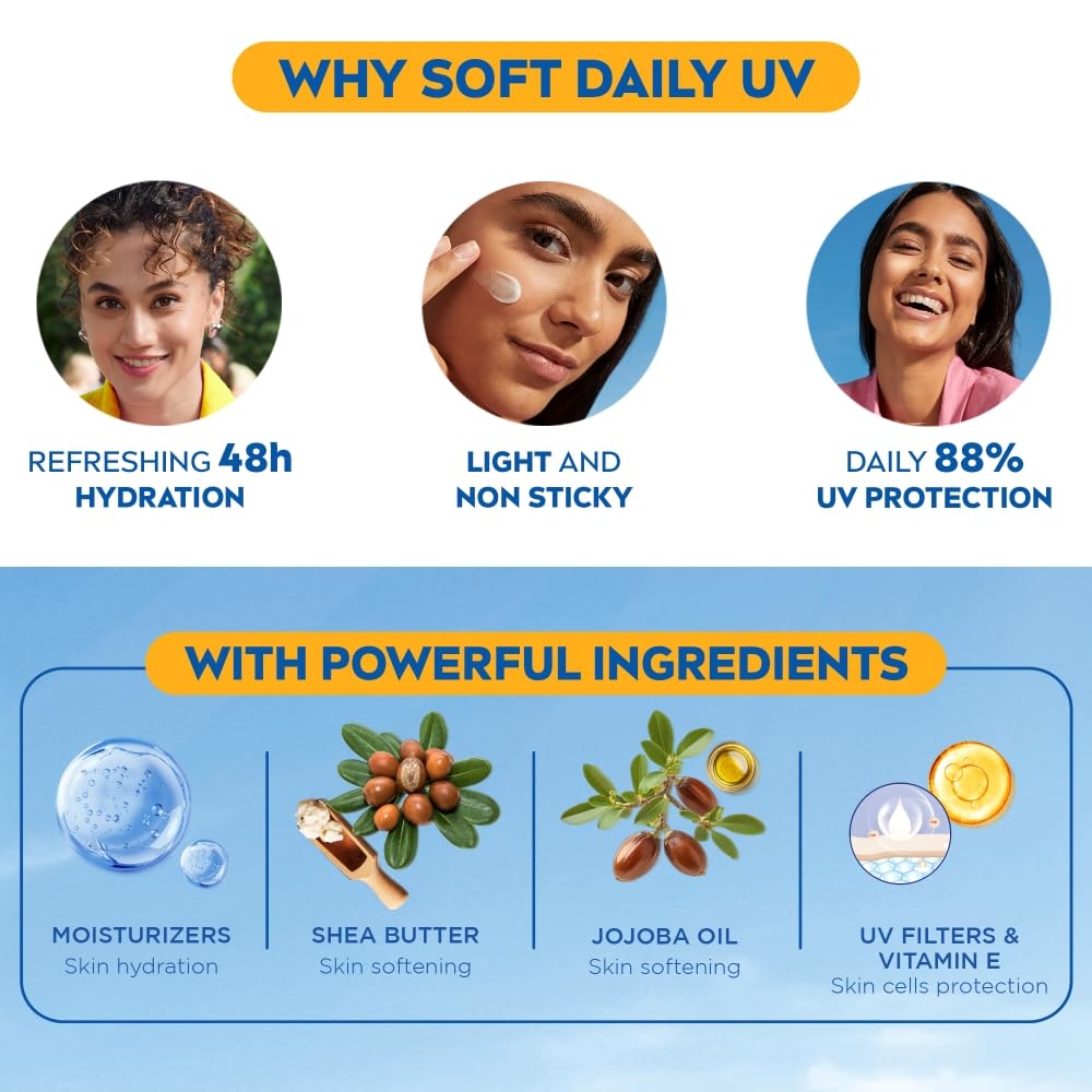 NIVEA Soft Daily SPF 15 Moisturizer | 88% UV Protection | Face & Body Cream for Healthy Glow in 5 Days | No White Cast | Vitamin E & Shea Butter | Lightweight, Quick Absorbing | 72H Hydration | 200ml