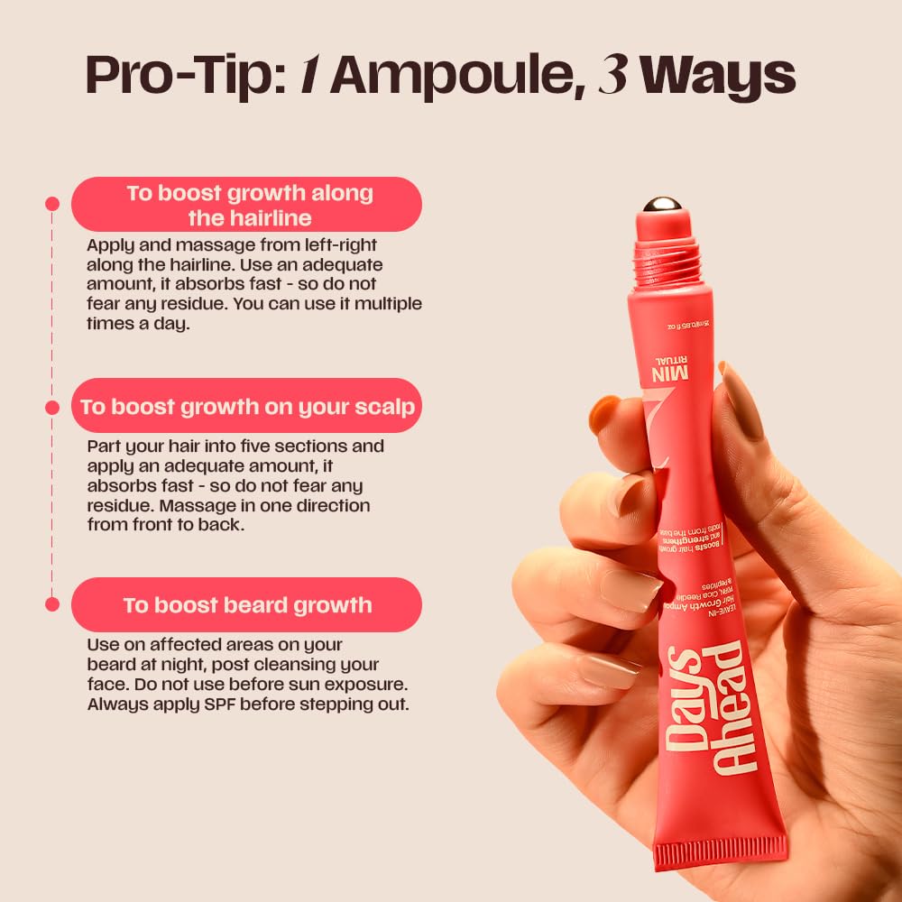 Days Ahead Leave-in Hair Growth Ampoule Serum (Roll on) | 16% Growth Actives | PDRN, Redensyl, Anagain | Hair Growth Serum | Promotes Growth, Increases Density | Non-Greasy | For Women & Men | 25 ml | Glammy.lk