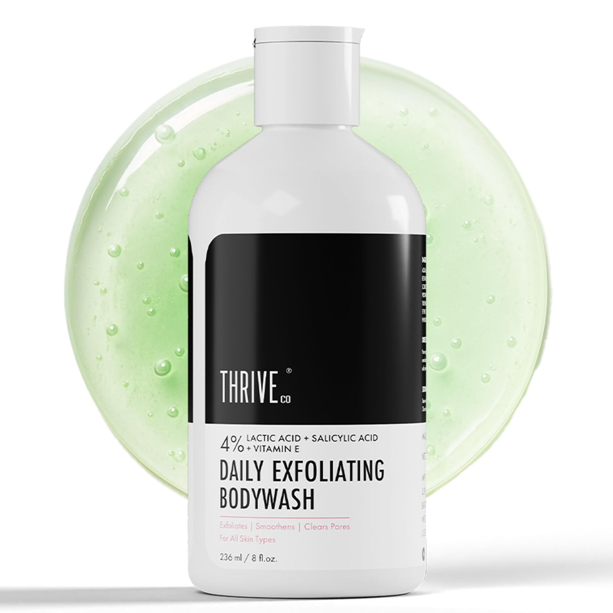Thriveco Exfoliating Body Wash | Prevents Body Acne, Tan & Dead Skin Removal | With Lactic, Salicylic Acid, Vitamin E & Diacnemide® | Daily Use Shower Gel | For Men & Women | 236ml