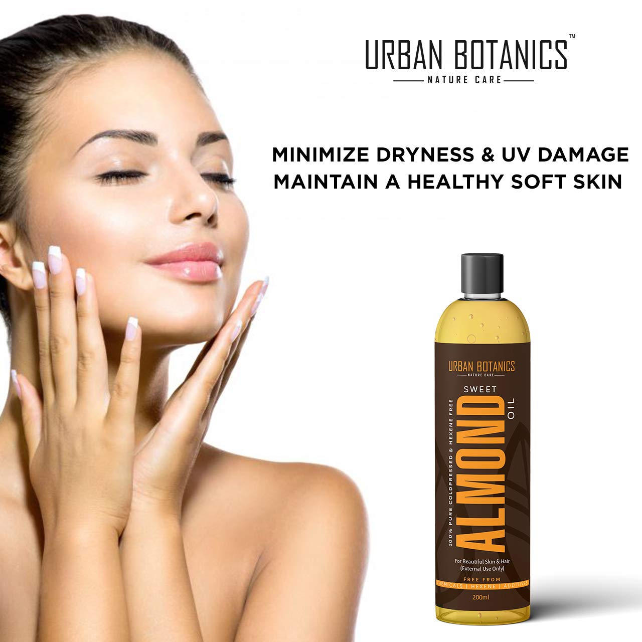 UrbanBotanics® Pure Cold Pressed Sweet Almond Oil for Hair and Skin, 200ml ( Odorless )