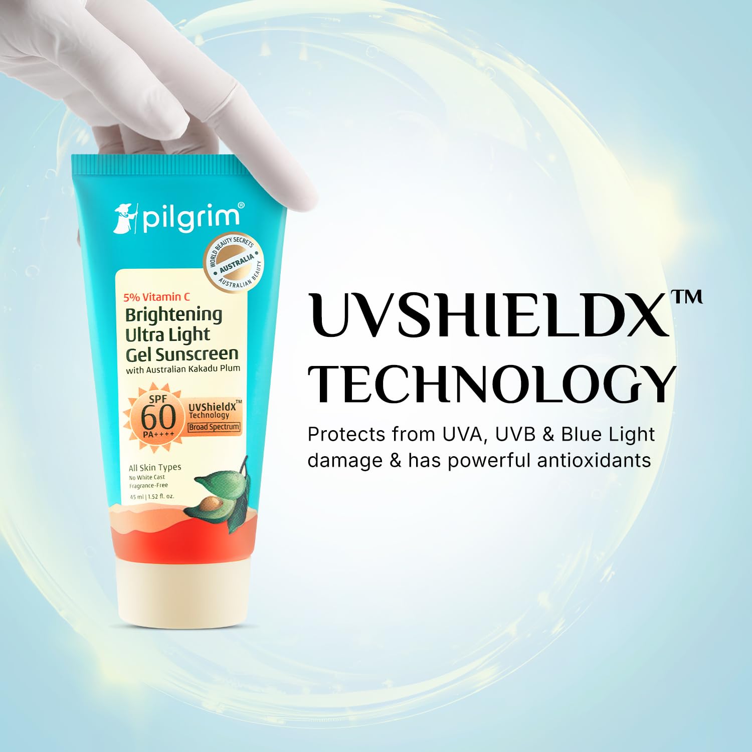 Pilgrim 5% Vitamin C Brightening Ultra Light Gel Sunscreen SPF 60 PA++++ 45ml | UVA/UVB Protection | No White Cast | Fights Tanning, Brightens Skin | Lightweight & Non-Greasy | For All Skin Type