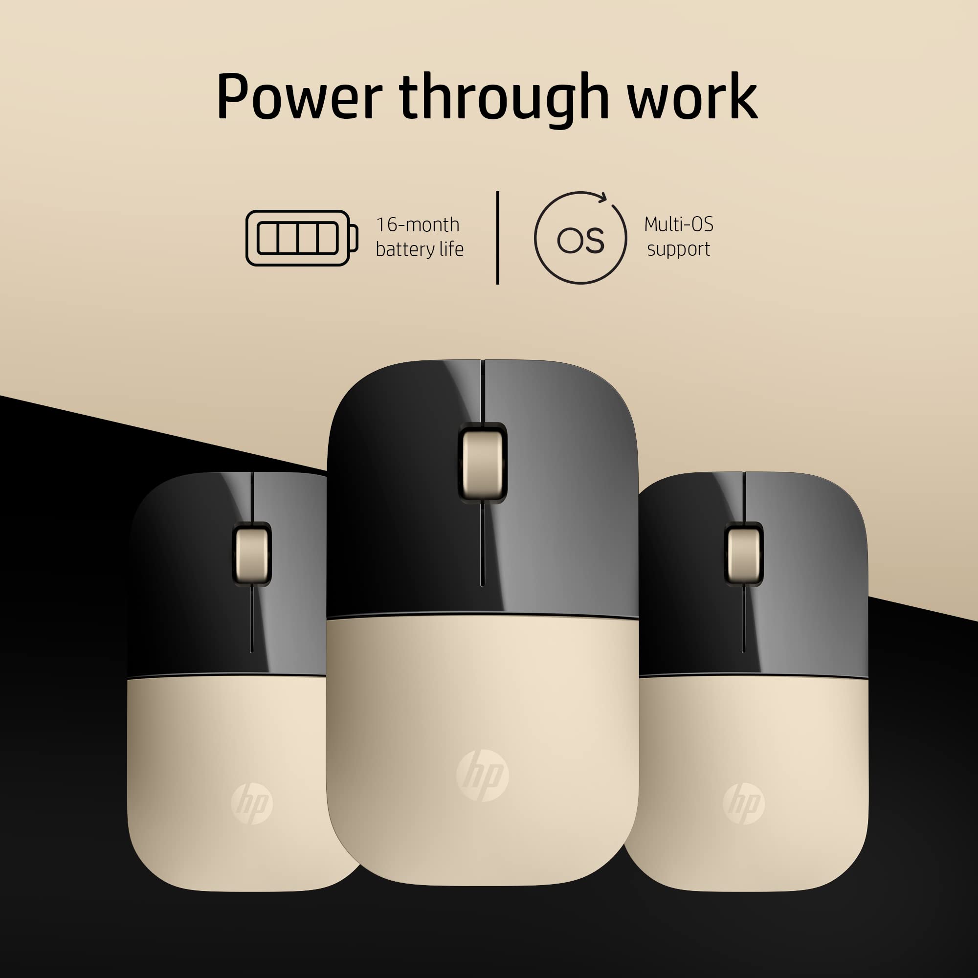 HP Z3700 Wireless Optical Mouse with USB receiver and 2.4GHz Wireless Connection/ 1200DPI / 16 months Long Battery Life /Ambidextrous and Slim Design (Modern Gold)