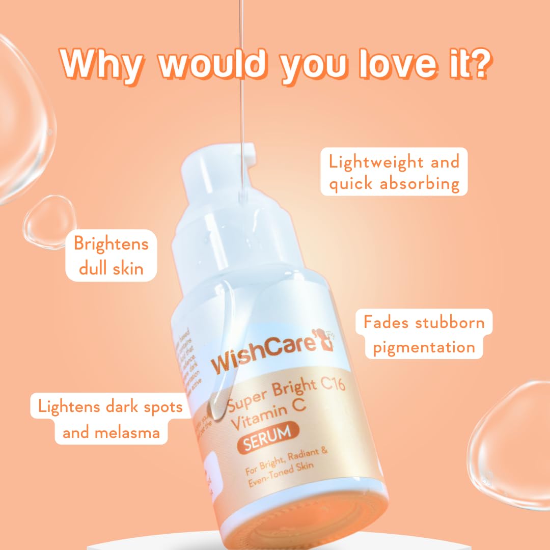 WishCare Super Bright C16 Vitamin C Serum For Oily Skin,Dry & Combination Skin -10% Vitamin C,4% Niacinamide,1% Kojic Acid,0.5% Ferulic Acid,Licorice & 4-N-BR- Serum For Pigmentation & Dark Spots 30Ml