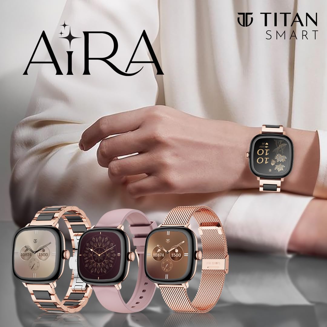 Titan AiRA 1.70" AMOLED Smart Watch for Women Latest with Silicone Strap Stress Monitoring, 1000 Nits, Functional Crown, AI Enabled, IP68 Water Resistant Upto 7 Days Battery Life - Rose Gold
