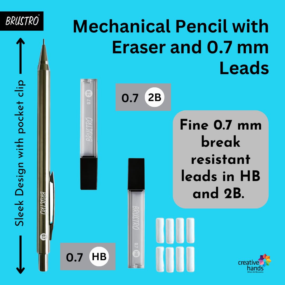 BRUSTRO Mechanical Pencil Set | HB-20 leads, 2B-20 leads,Spare eraser 8 units|Tip size 0.7 mm | Ideal for Students,Adults, Home, School, Office Use |Writing, Sketching, Drawing,Mandala Art