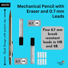 BRUSTRO Mechanical Pencil Set | HB-20 Leads, 2B-20 Leads, Spare Eraser 8 Units | Tip size 0.7 mm | Ideal for Students,Adults, Home, School, Office, Stationery Use