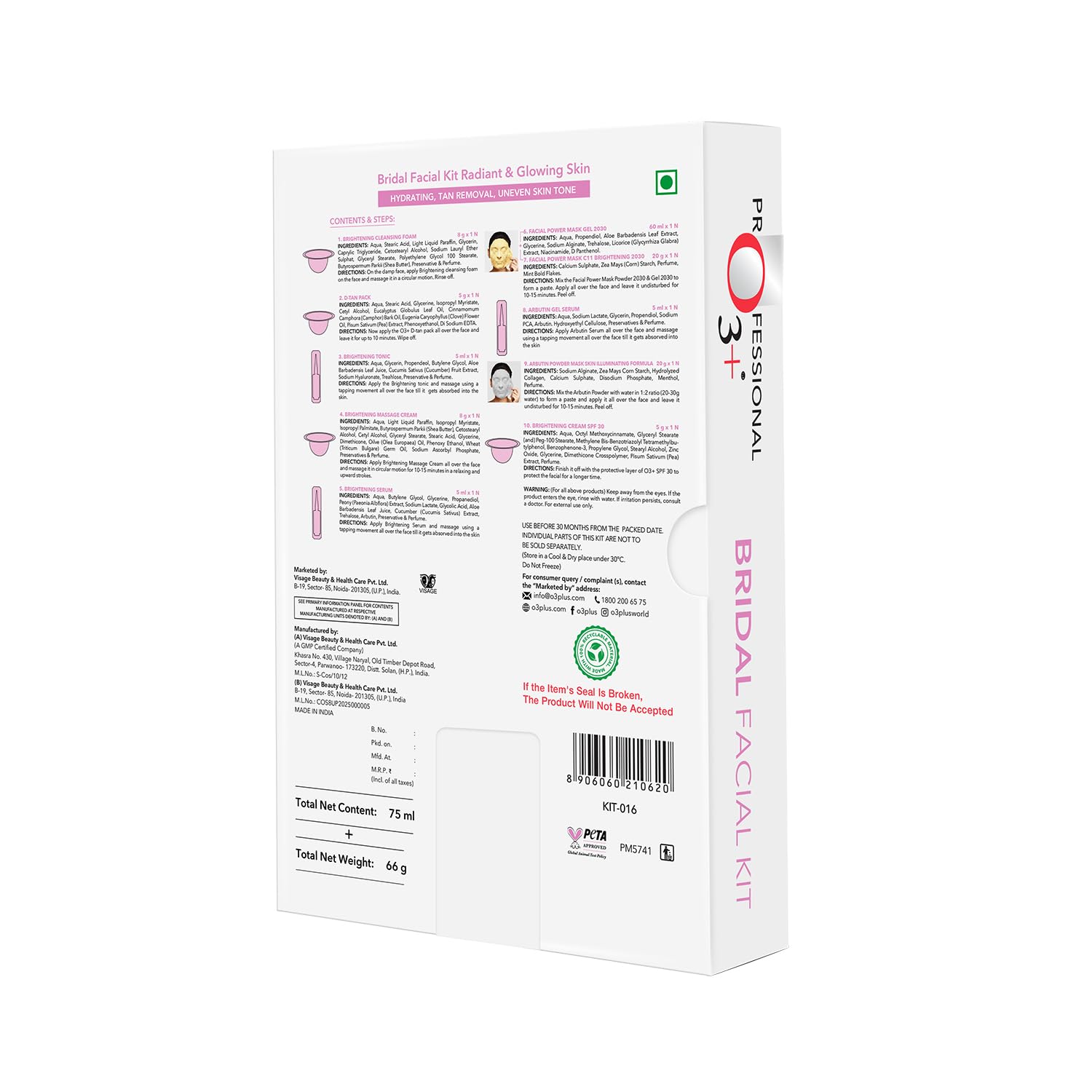 O3+ Bridal Facial Kit for Radiant & Glowing Skin with Hyaluronic Acid, Glycolic Acid and Niacinamide - Ideal for All Skin Types (66g+75ml)