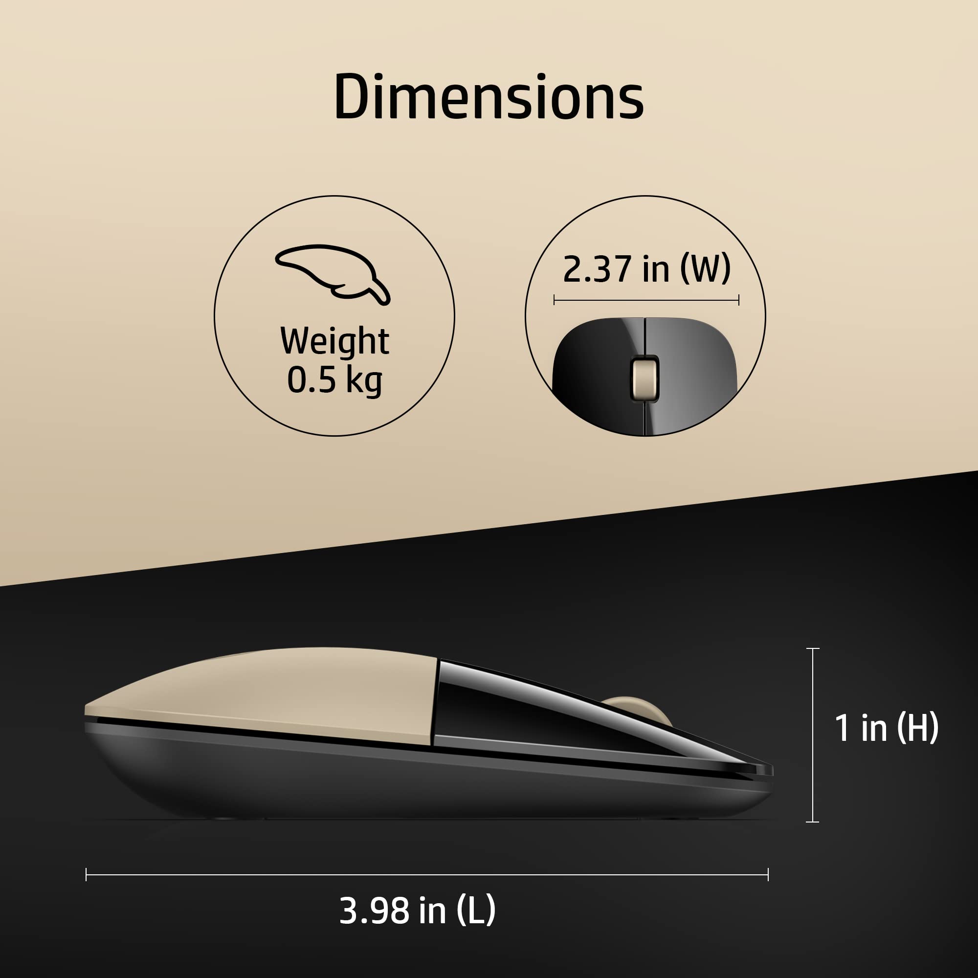 HP Z3700 Wireless Optical Mouse with USB receiver and 2.4GHz Wireless Connection/ 1200DPI / 16 months Long Battery Life /Ambidextrous and Slim Design (Modern Gold)