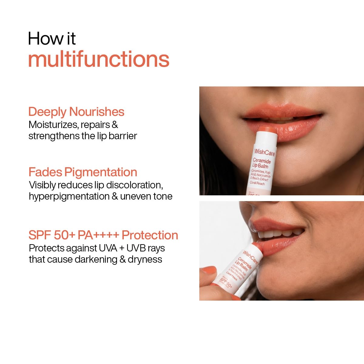 WishCare Tinted Lip Balm SPF 50 PA++++ | Brightening Lip Balm for Dark Lips | In-Vivo Tested | Kojic Acid & Niacinamide | For Women | 5g (Coral Peach)