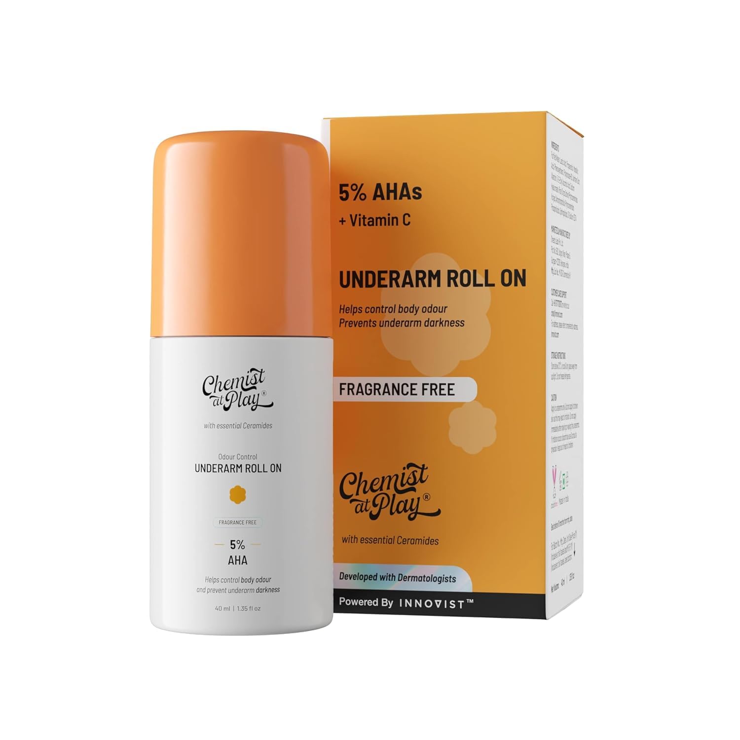 Chemist At Play UnderArm Roll On Deodorant with 5% AHA, Lactic Acid & 1% Mandelic Acid | Prevents Body Odour & Fades Pigmentation |0% Aluminium & 0% Alcohol |For Sensitive Skin | Fragrance Free | 40ml