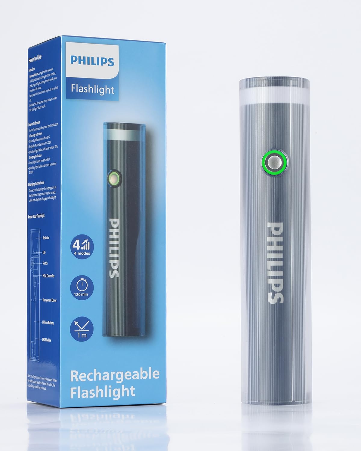 PHILIPS Portable Torch Light with Camping Light, 400LM LED Flashlight Rechargeable, 4 Lighting Mode, 150M Coverage, Anti-Drop Handheld Flash Light for Home, Camping, Hiking, Emergency（Gray）